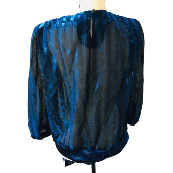 Vintage 80s Frejani Formal Sheer Blouse Top Black Blue Metallic Stripe XL - Picture 3 of 6